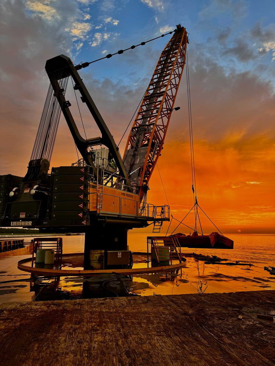 Dredge barge at sunset on the Gulf Coast